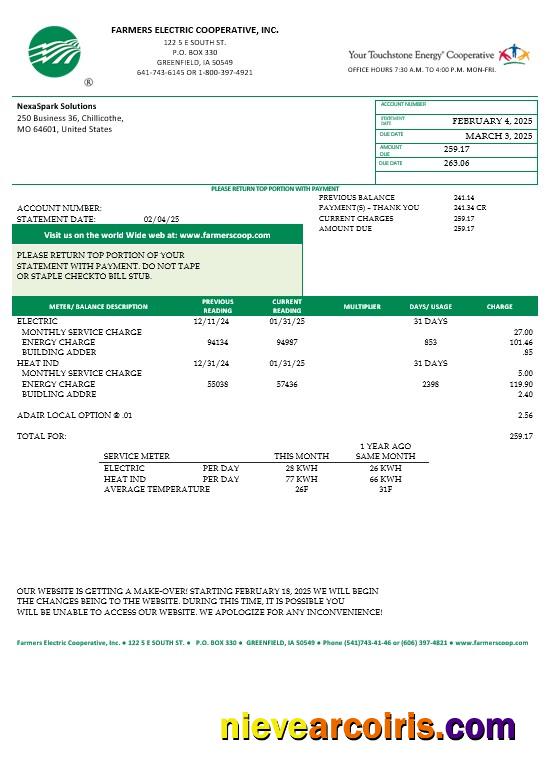USA Ohio Farmers Electric Cooperative business utility bill, version 2